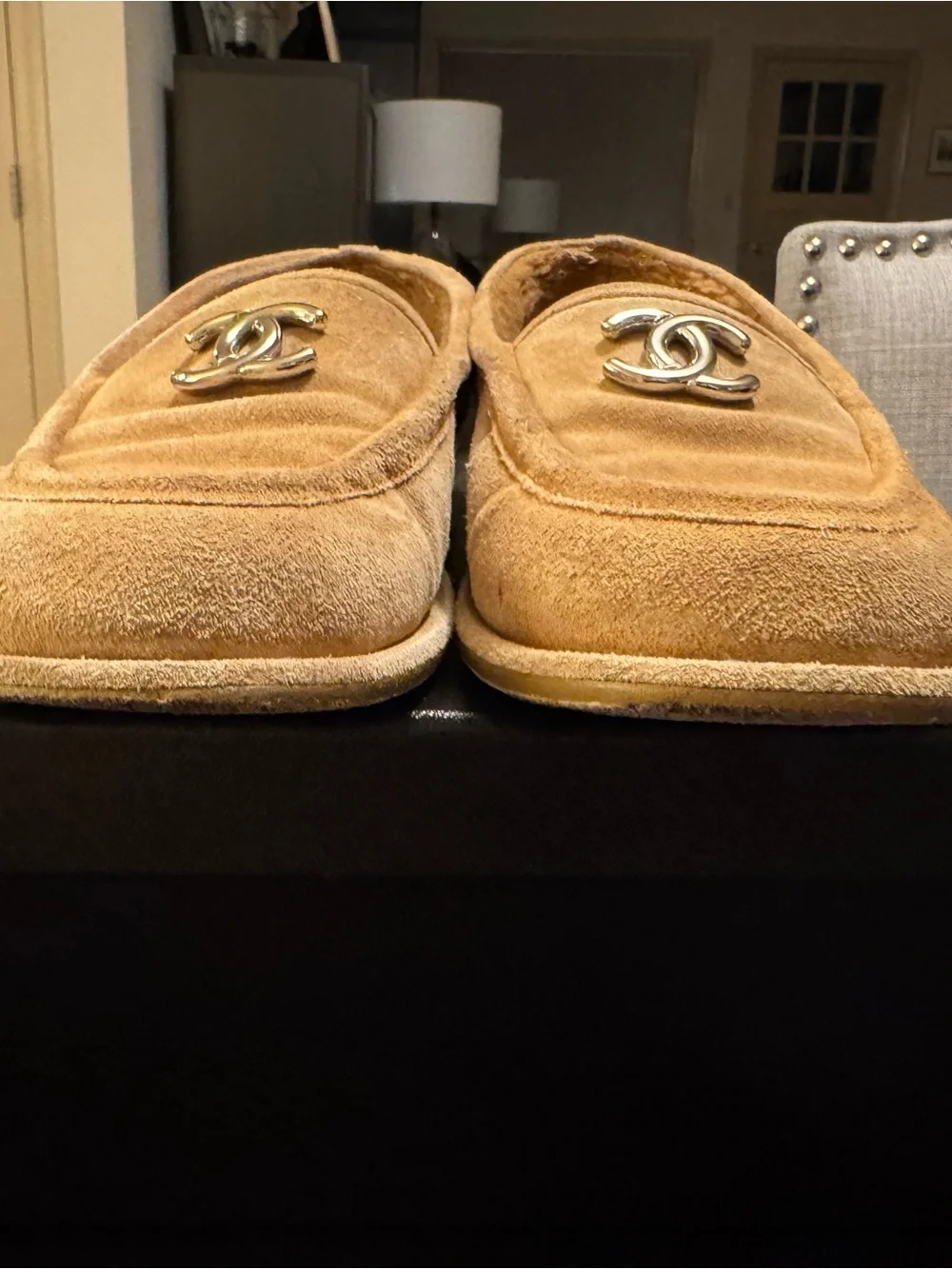 CHANEL Tan Suede Shearling-Lined Slip-On Loafers with CC Hardware